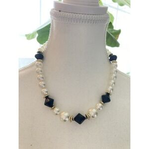 Vintage Faux Pearl Black Glass Bead Necklace Cream Strand Choker Collar Romantic